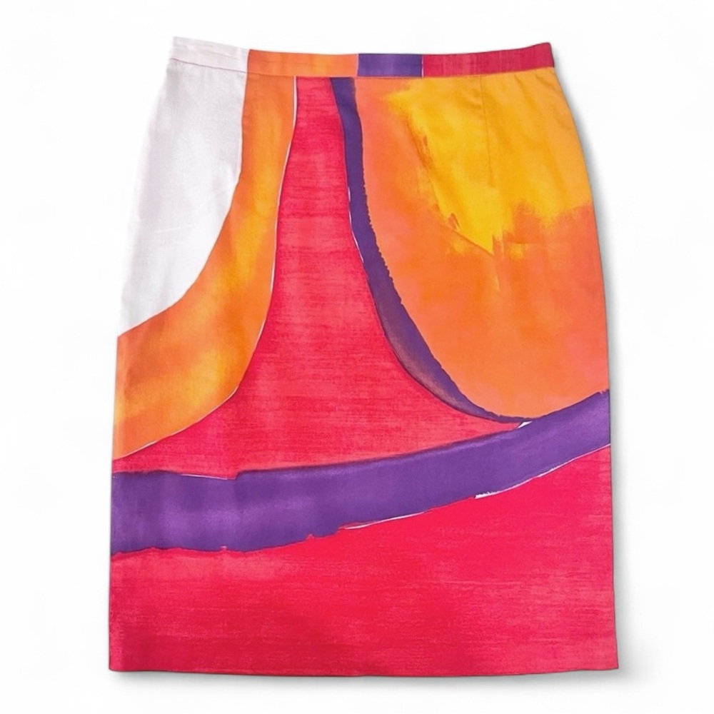 MaxMara Orange Purple Abstract Brushstroke Cotton Midi High Rise Pencil Skirt 10